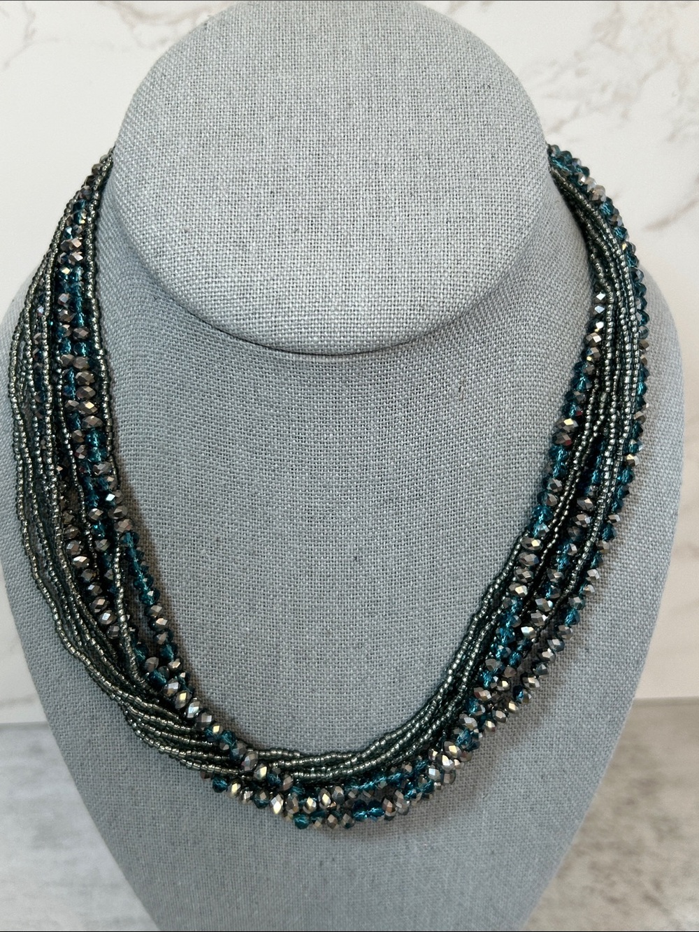 Premier Designs Teal and Gray Multi-Strand Crystal Beaded Necklace